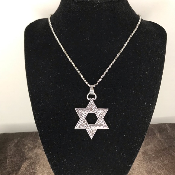 Vintage Hexagram Pendant Necklace Men Fashion Stainless Steel Box Chain - Picture 3 of 8